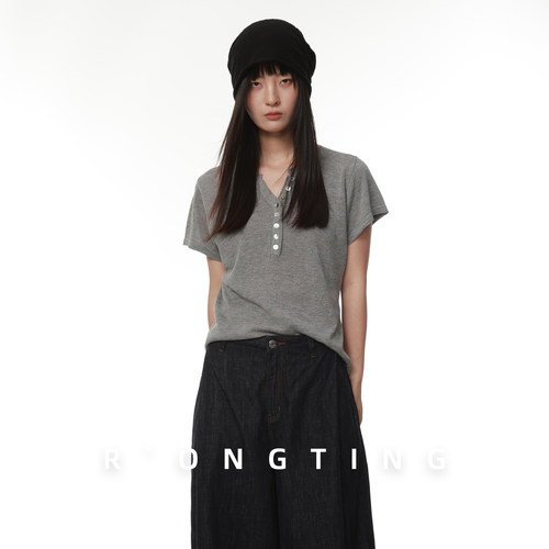 绒汀 RONGTONG 【可机洗】亚麻+莱赛尔亨利领针织T