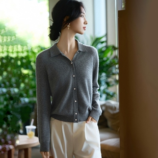 知性优雅翻领~12针超细精纺羊毛针织开衫女金银线高级感polo衫