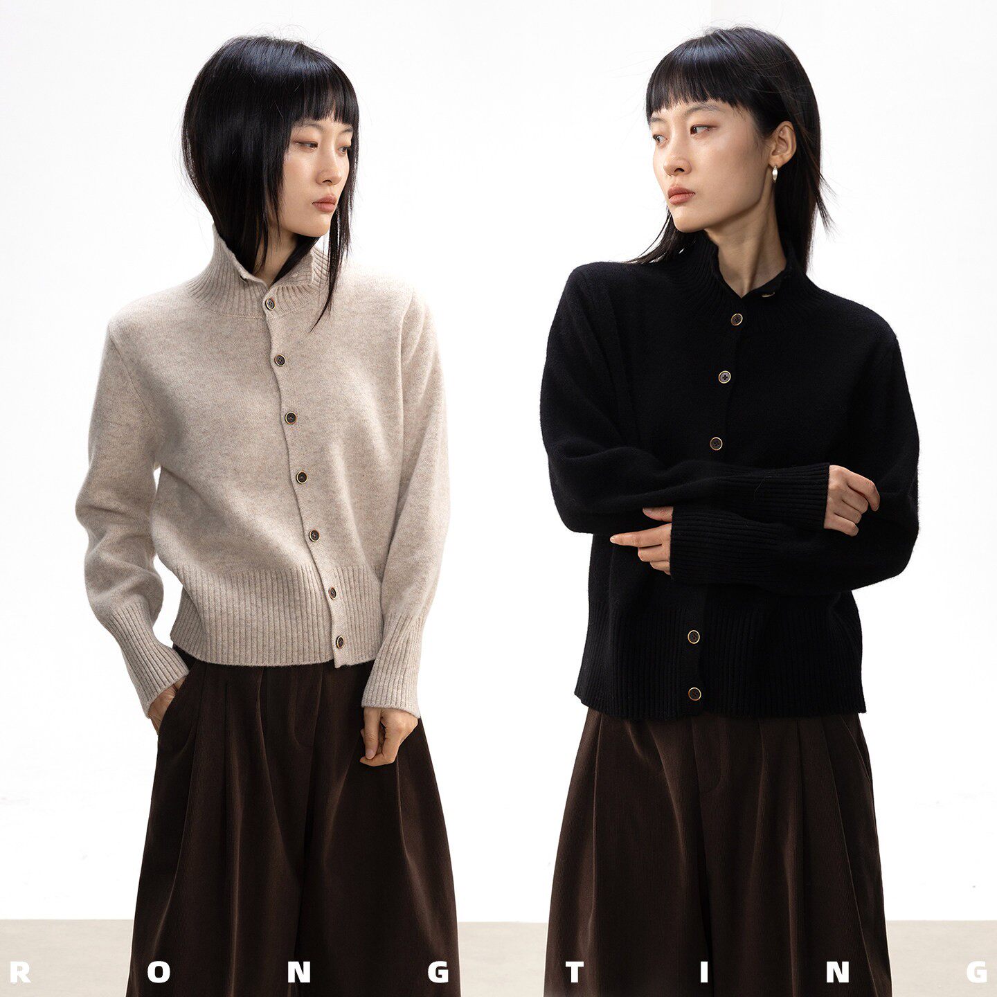 绒汀 RONGTING【定纺原纱】 100%绵羊毛立领针织开衫宽松打底毛衣