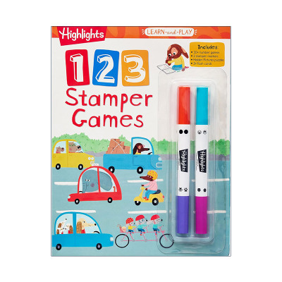 英文原版 Highlights Learn-and-Play 123 Stamper Games 亮点边玩边学系列 123印章游戏 学龄前儿童数学学习活动书 算数含抽认卡