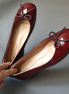 春季新款方头牛皮酒红色小皮鞋漆皮低跟浅口蝴蝶结芭蕾舞单鞋女