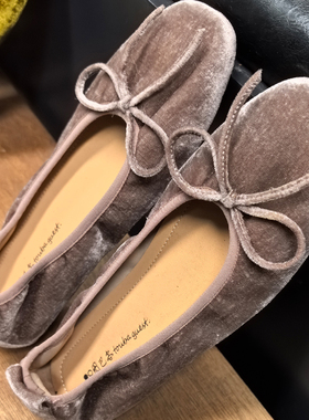 复古丝绒芭蕾舞鞋女方头蝴蝶结平底浅口单鞋舒适奶奶鞋