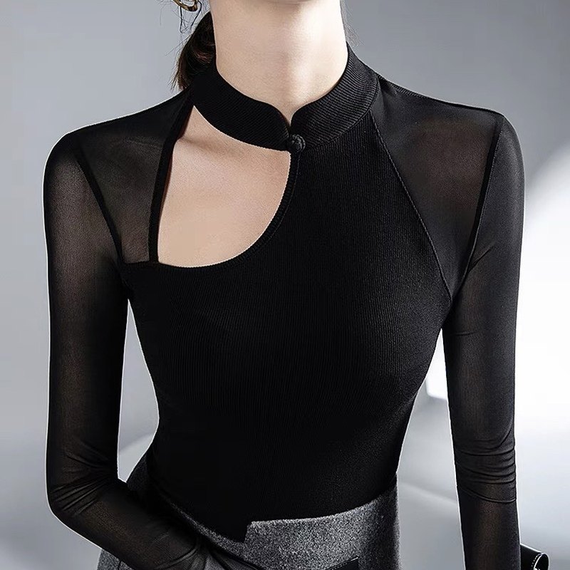 设计感早秋复古别致打底衫女露锁骨长袖盘扣黑色小衫内搭网纱上衣,女士内衣/男士内衣/家居服,吊带/背心/T恤/打底/肌底衣,淘宝优惠券,粉丝福利购,淘宝优惠卷