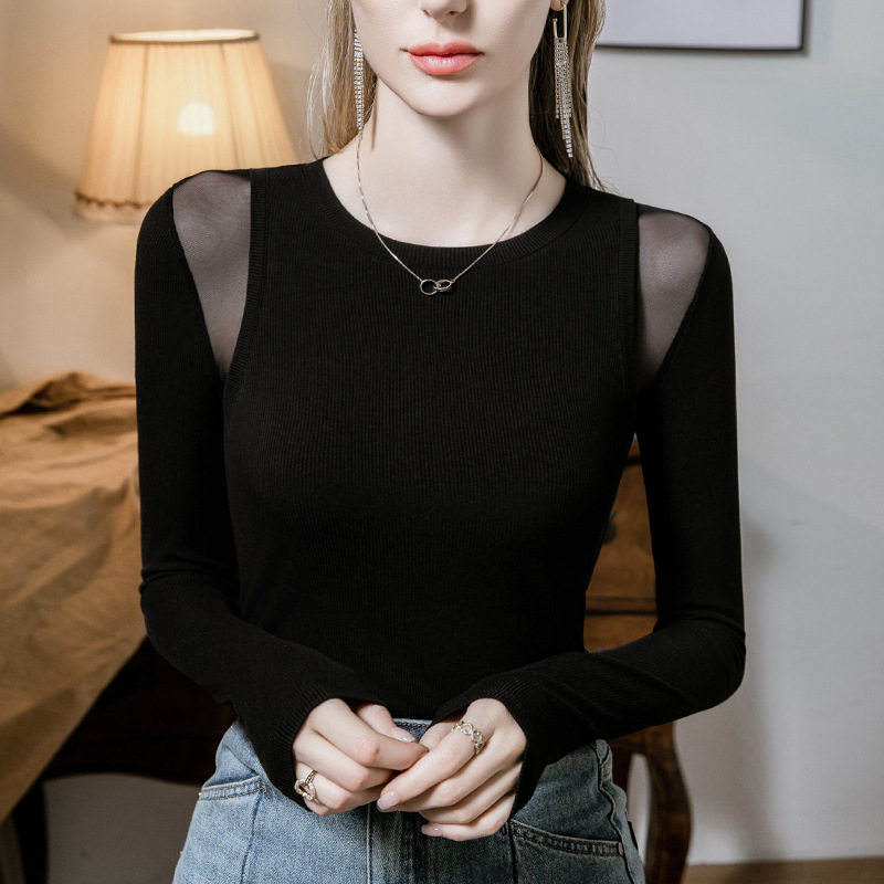 网纱拼接设计感螺纹T恤女2025秋季新款女装打底衫黑色辣妹上衣,女装/女士精品,蕾丝衫/雪纺衫,淘宝优惠券,粉丝福利购,淘宝优惠卷