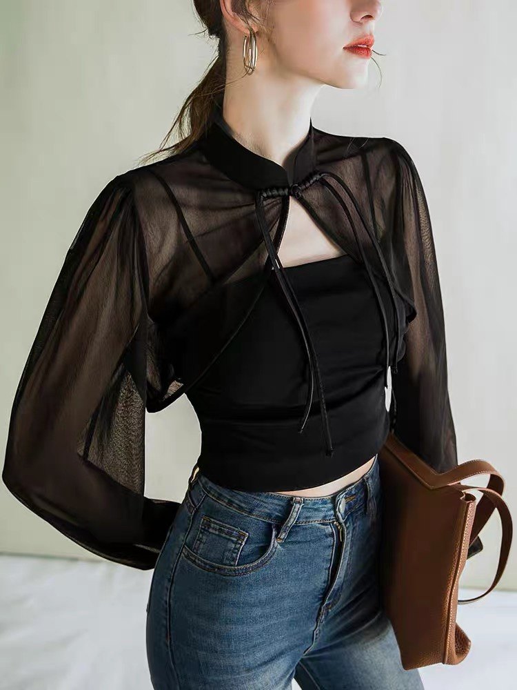 盘扣立领黑色短款长袖披肩春夏防晒网纱薄款罩衫配吊带裙子小外套,女装/女士精品,短外套,淘宝优惠券,粉丝福利购,淘宝优惠卷