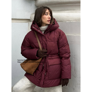 酒红色连帽棉服欧美系带收腰拉链面包服外套Wine red hooded coat