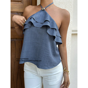 性感雪纺荷叶边挂脖背心时尚露背上衣 Hanging neck ruffled vest