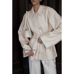 Tie jacket 纽扣腰带毛呢外套系带夹克 欧美2026春纯色翻领长袖