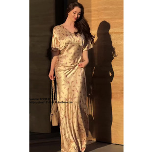 sexy 光滑舒适长裙连衣裙Printed dress 御姐复古性感短袖 2025夏季