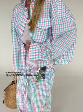 格子衬衫翻领开衫宽松长裤两件套 Checkered shirt and pants set