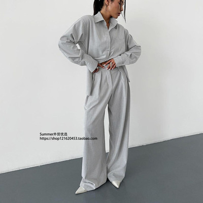 2025秋欧美条纹长袖衬衫长裤套装