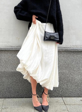 时尚百褶裙缎面花苞半身裙长裙女短 Pleated Flower bracts skirt
