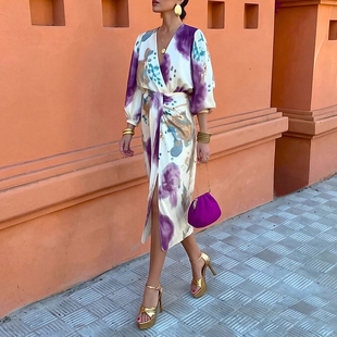 套装 中长裙时尚 修身 set long skirt Printed 欧美性感v领印花长袖