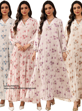 欧美印花百褶裙大码长袖套头连衣裙女2026 Printed pleated dress