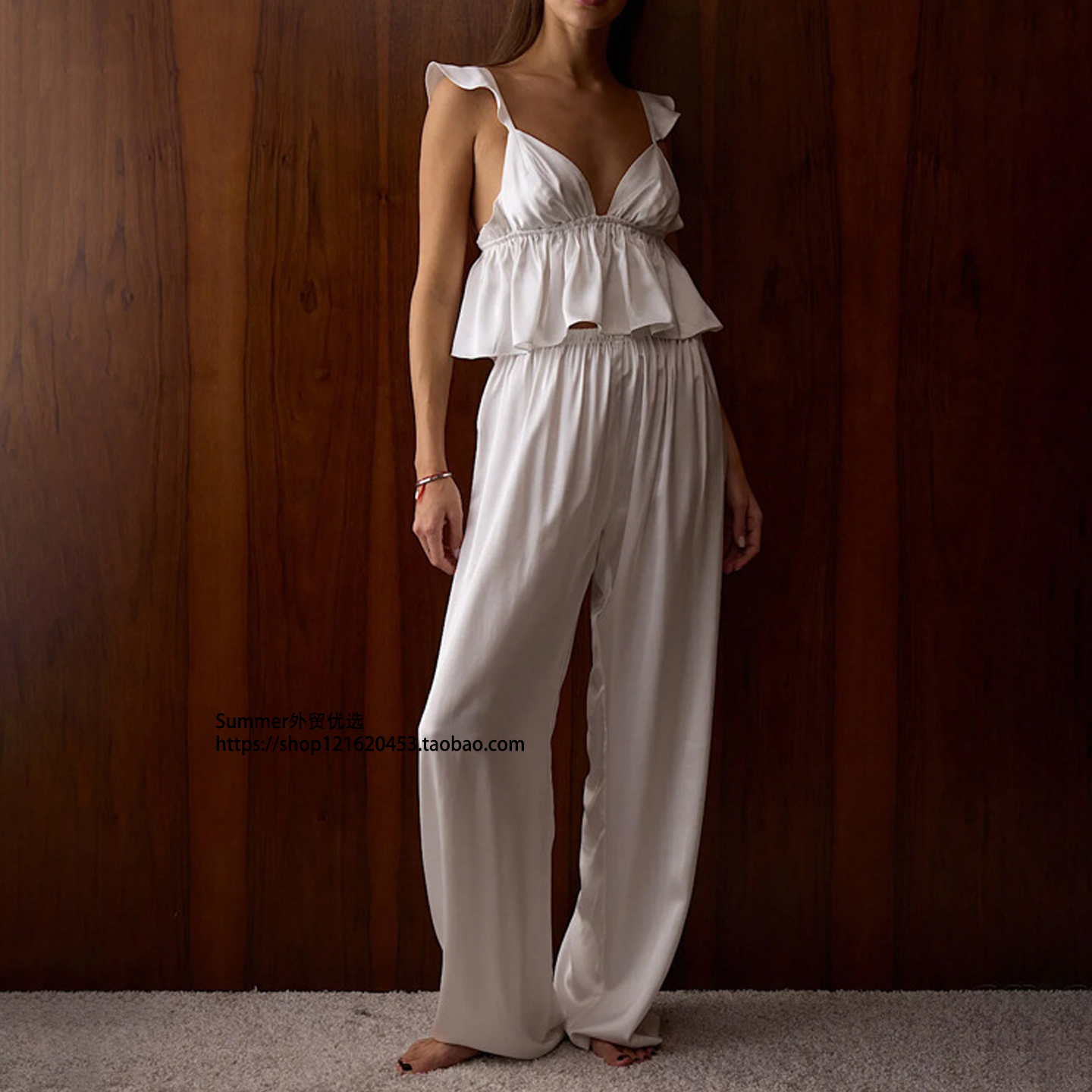 2026春露背V领吊带背心长裤套装