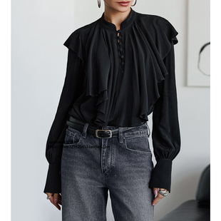 宫廷风法式荷叶边立领长袖衬衫灯笼袖宽松上衣Palace style shirt