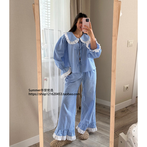 格纹荷叶边长袖长裤家居服套装