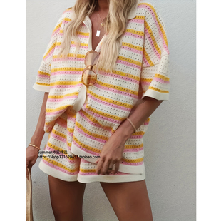 欧美针织拼色条纹短袖短裤套装 Striped Knitted Shirt Skirt Set