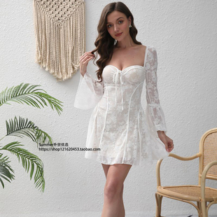 欧美气质蕾丝方领微喇叭袖收腰包臀短裙Square collar lace dress