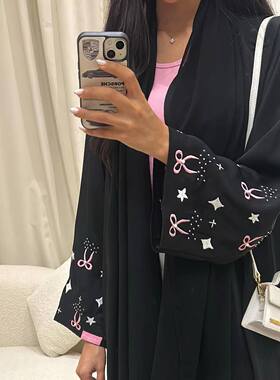 色丁锻面阿巴亚开衫聚会刺绣蝴蝶结外披 Women's black cardigan