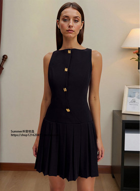 简约欧美个性宽摆褶皱收腰纯色无袖短款连衣裙Pleated vest dress