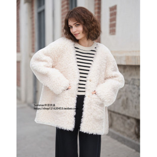 jacket lined 欧美时髦羊羔毛加绒加厚外套双口袋宽松外套 fleece