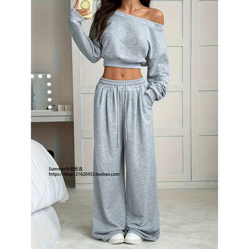 2026春欧美短款卫衣高腰长裤套装