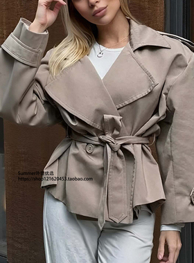 英伦气质翻领短款收腰系带风衣休闲外套Short windbreaker jacket