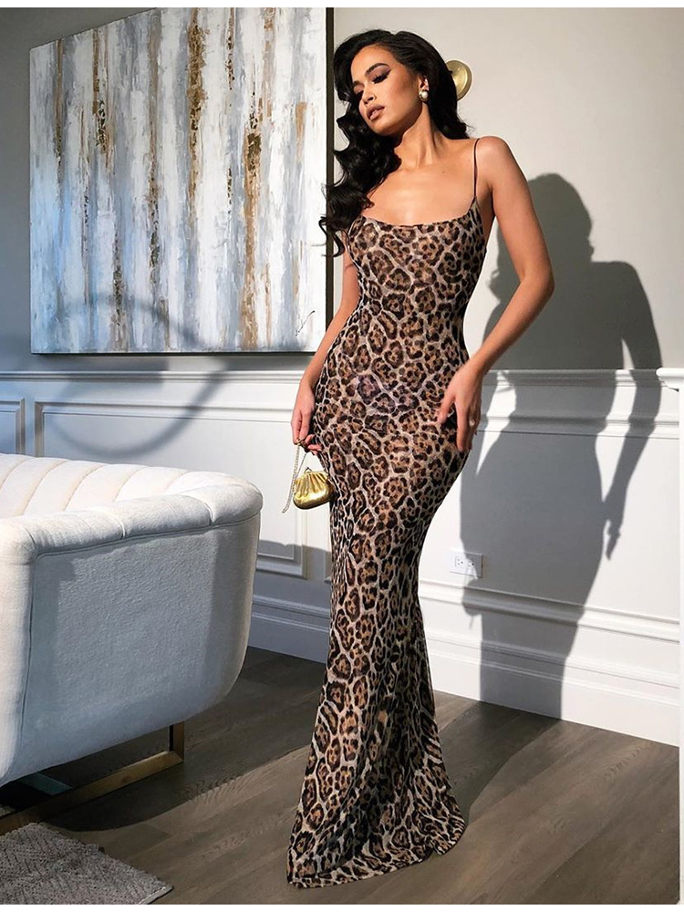 复古豹纹吊带连衣裙收腰度假鱼尾长裙Leopard print halter dress-封面