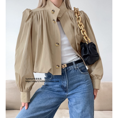 2025秋欧美高级感褶皱小立领外套