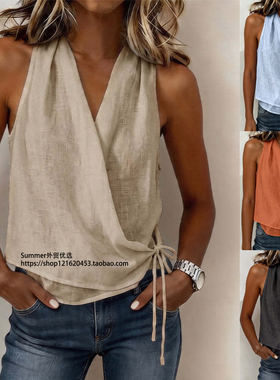 2026夏欧美大码无袖绑带轻薄舒适V领背心不规上衣Tie up vest top