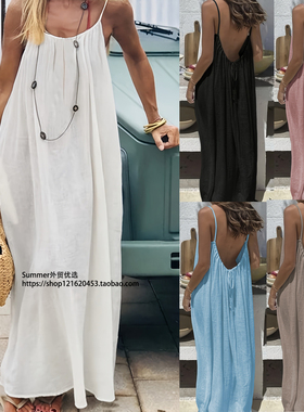 欧美大码女士吊带露背宽松家居服连衣裙休闲长裙Lazy loose dress