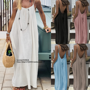 欧美大码女士吊带露背宽松家居服连衣裙休闲长裙Lazy loose dress