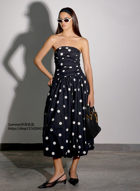欧美波点抹胸高腰连衣裙露背修身长裙 Polka dot strapless dress