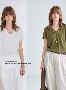 凉感透气棉麻简约V领T恤女 Cotton and linen T-shirt for women