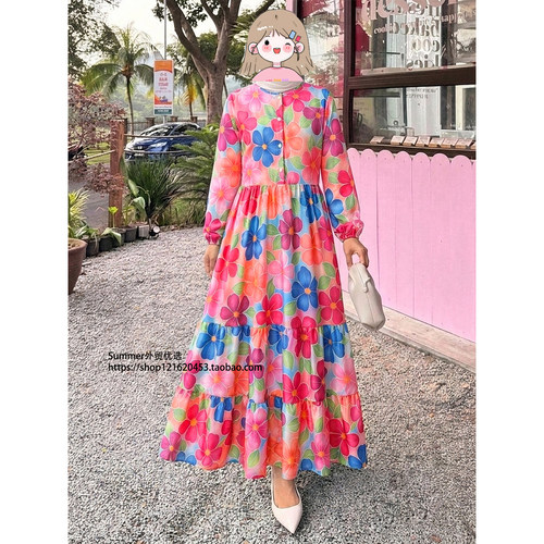 2026夏东南亚印花灯笼袖连衣裙女