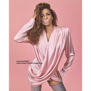 欧美缎面交叉V领泡泡袖褶皱连衣裙派对礼服裙Knitted shirt dress