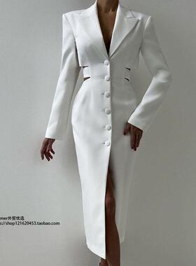 镂空露腰高级感西装连衣裙单排扣包臀裙 Expose waist suit dress