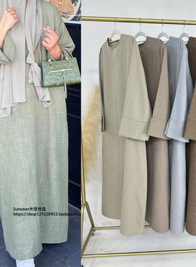 迪拜中东土耳其女大码优雅连衣裙棉麻长袍 Plus-size plain dress