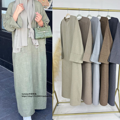 东南亚直筒棉麻纯色连衣裙长袍
