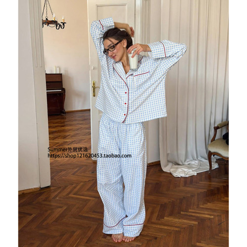欧美方格撞色长袖长裤家居服套装