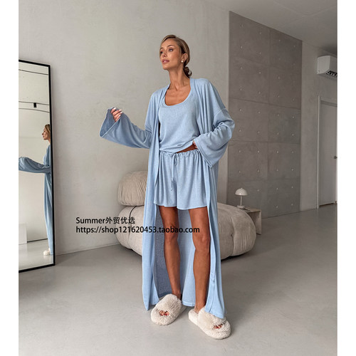 欧美长袖开衫背心短裤家居服套装