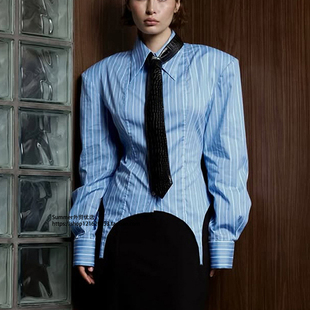 irregular 欧美时尚 shirt sleeved 女Long 长袖 不规则黑色领带衬衫