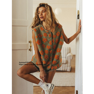 印花马夹摇粒绒开衫保暖马甲背心女 Flower fleece cardigan vest