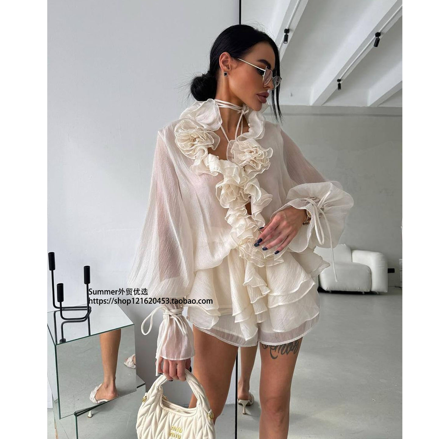 设计感立体花朵灯笼袖衬衫短裤两件套3D floral shirt shorts set