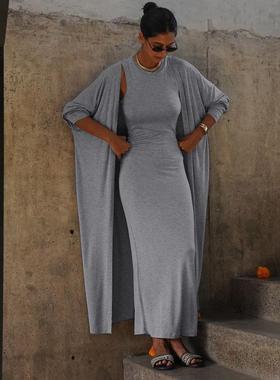 圆领无袖背心裙套装包臀长裙开衫两件套女Cardigan sundress suit