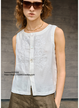 亚麻刺绣无袖小衫短款马甲上衣女Embroidered linen vest T-shirt