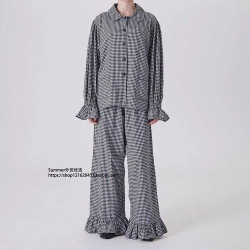 2026春欧美娃领宽松衬衫长裤套装