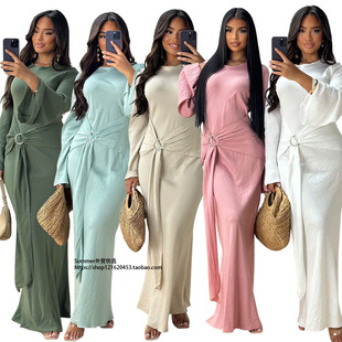 春秋中东民族服饰优雅喇叭袖通勤长袍收腰鱼尾连衣裙 Waist robe