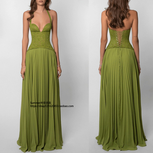 hanging neck dress 性感挂脖露背低领收腰褶皱吊带连衣裙Lace